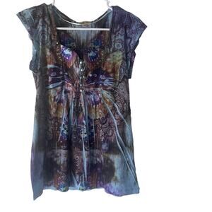 Eneworld Women's Size Medium Butterfly Whymsical Fairy Blue Purple Top